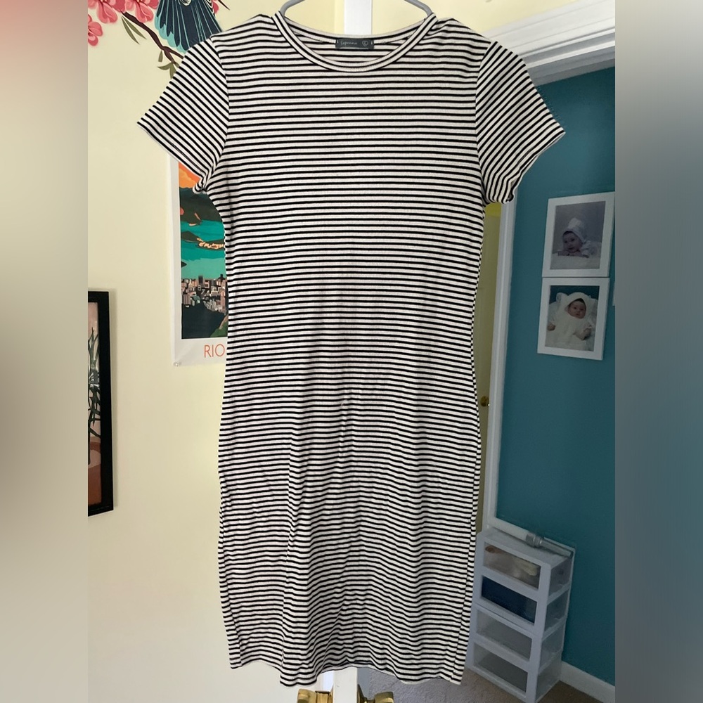 Black + white striped jersey dress